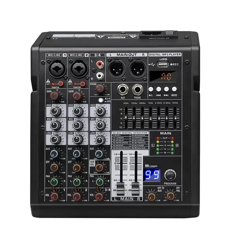 블루투스 지원 MP3 믹서 - 99개 DSP 효과, 7밴드 EQ, 48V 팬텀 파워, 라이브 스트리밍 및 무대 녹음을 위한 USB 사운드 카드