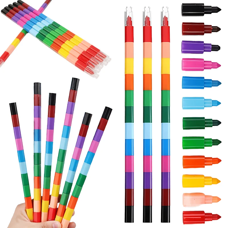 Vibrant 12-Color Stackable Rainbow Crayon Set - Creative Stationery and Fun Building Blocks Gift