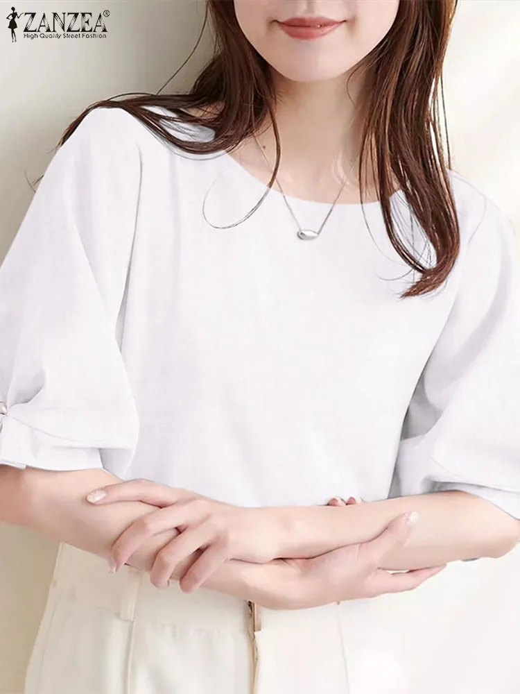 

Винтажная женская летняя блузка ZANZEA в Корейском стиле 2024, элегантная рубашка с полурукавами-фонариками, однотонные офисные топы, повседневные Простые женские блузы