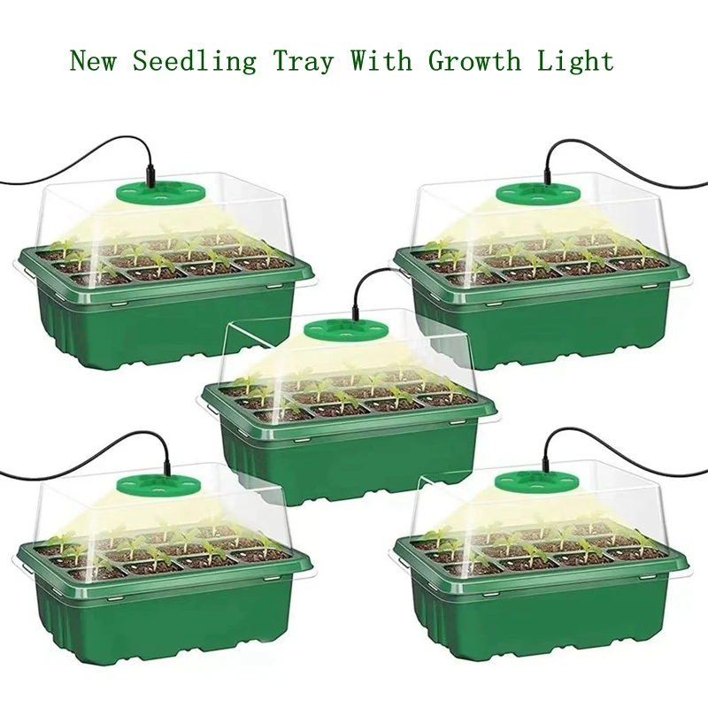 Seed Starter Tray Box LED Grow Light Nursery Pot Seedling Germination Planter Adjustable Ventilation Humidity 12 Cell