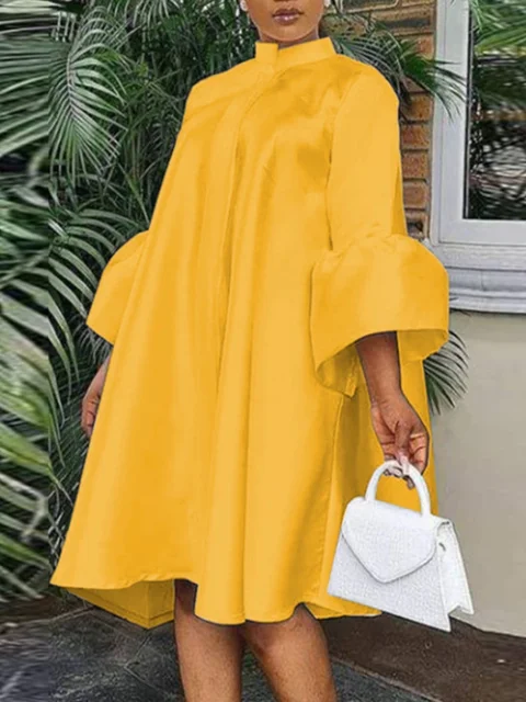 Plus Size Dresses Yellow Lantern Sleeve Loose Button Solid Casual Knee Length Spring Autumn Elegant Dress for Party Office 1