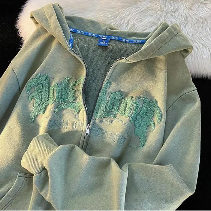 Autumn Fashion Zip Up Hoodies Women Letter Harajuku Embroidery Hooded Sweatshirt Retro Long Sleeve Cardigan Street Tops