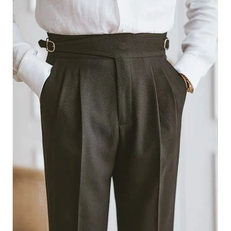 Autumn High Waist Suit Trousers for Men Business Casual Gentleman Straight Brown Pants Retro Drape Office Dress Pants Men 4