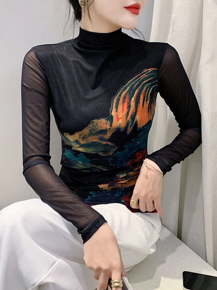 

Winsleter Elegant Basic T-Shirts Long Sleeves Tees Women Sexy High Neck Position Print Slim Mesh Tops Autumn Winter T39472JC