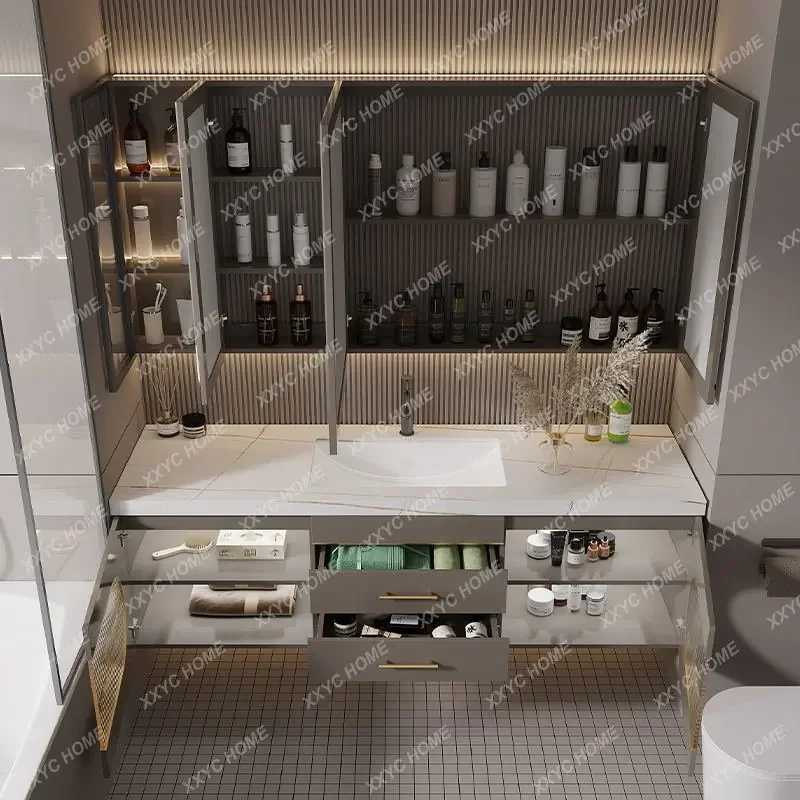 INS Style Modern Light Luxury Simple Smart Mirror Oak Wash Basin Cabinet Combination