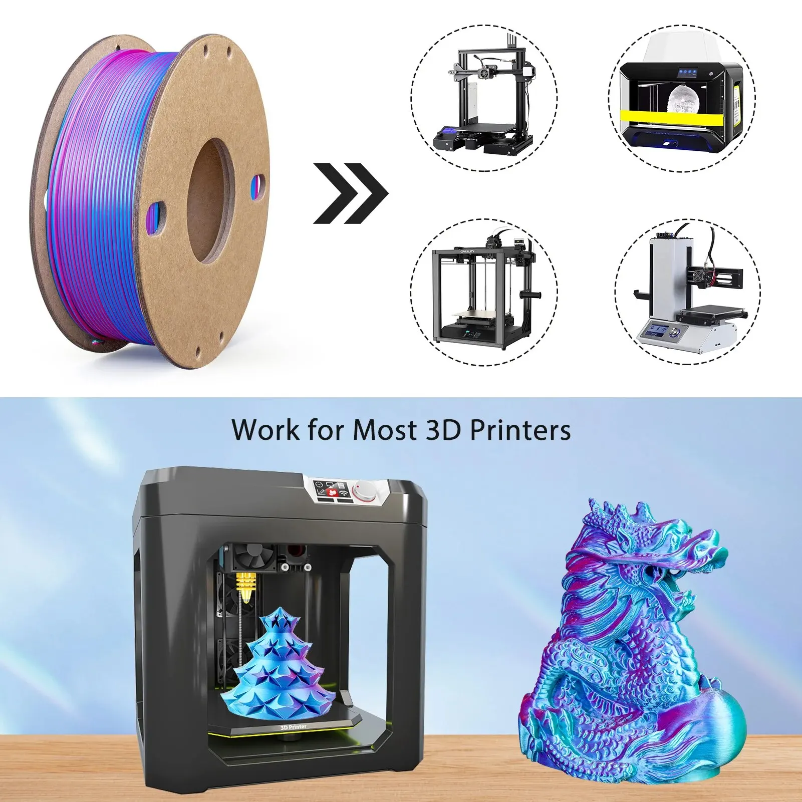 실크 PLA 3D 프린터 필라멘트, 트리플 컬러 실크 PLA 필라멘트, 250g, 3 인 1 컬러, 로즈 레드 스카이 블루 그린, 1.75mm