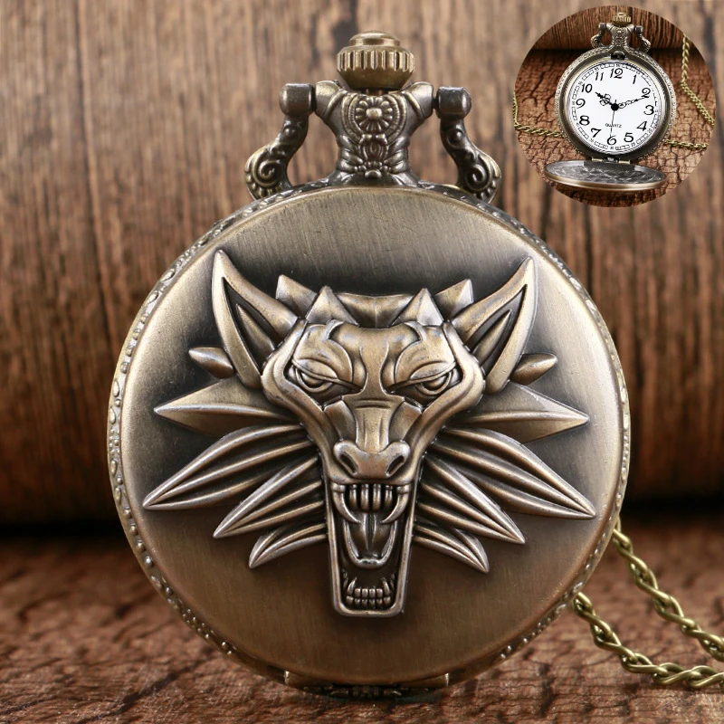 The Witcher 3 Wild Hunt Cosplay Vintage Pocket Watch Anime Game Figure Geralt Wolf Head Bronze Quartz Pocket Watches Fans Gifts