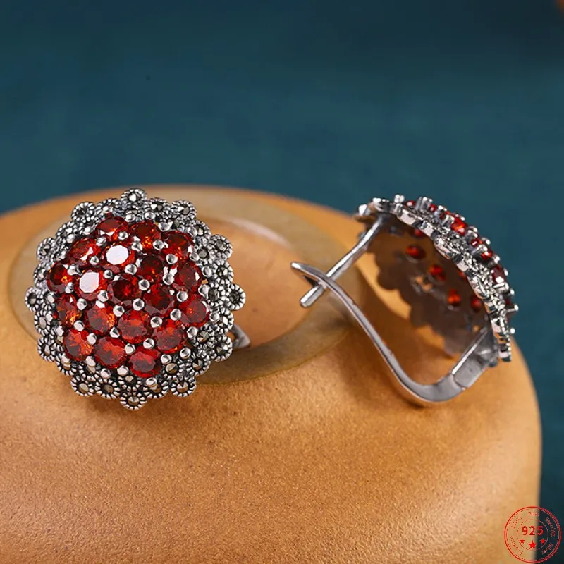 

S925 Sterling Silver Earrings for Women 2023 New Women's Fashion Little Flowers Marcasite Garnet Agate Argentum Ear-Clip Jewelry