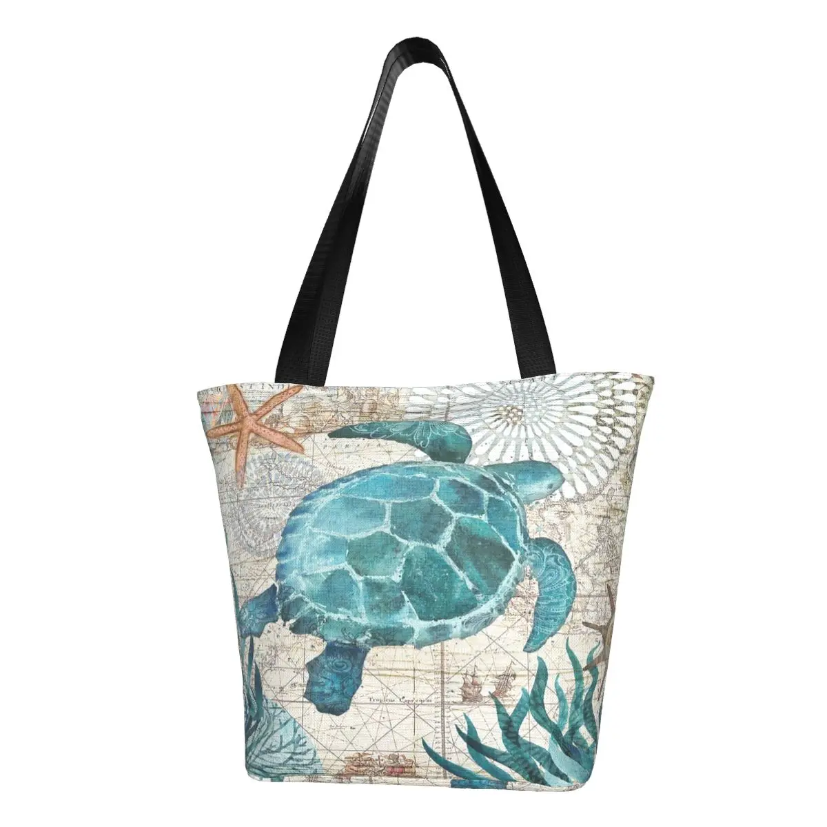 

Vintage Sea Turtle Grocery Tote Shopping Bags Women Cute Marine Life Canvas Shopper Shoulder Bags Large Capacity Handbag