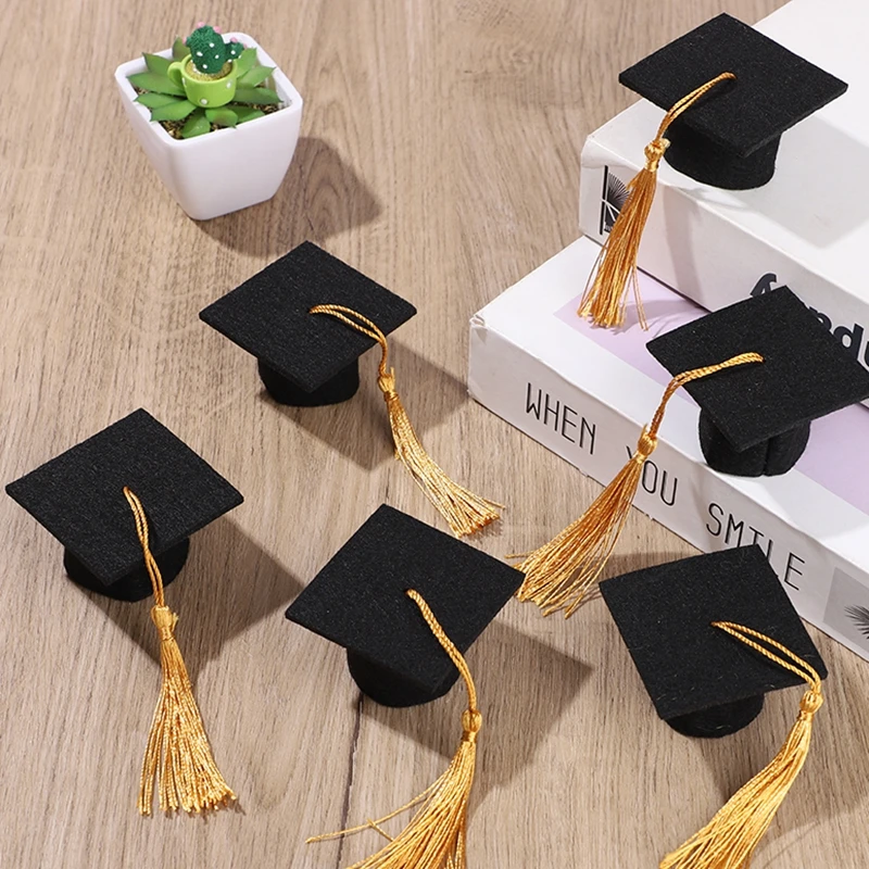 5/10pcs Mini Graduation Cap with Tassel Plush Toy Wine Bottle DIY Gift Decoration Felt Bachelor Hat 2025 Graduation Party Supply