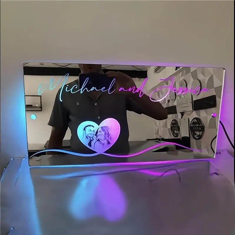 Personalized Heart Photo Text Mirror Light