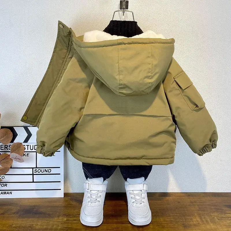 Winter Warm Children Boys 2-10Years Fashion Boys CoatJacket Khaki Black Thick Warm Down Clothes Kids Zipper Hooded Outerwear
