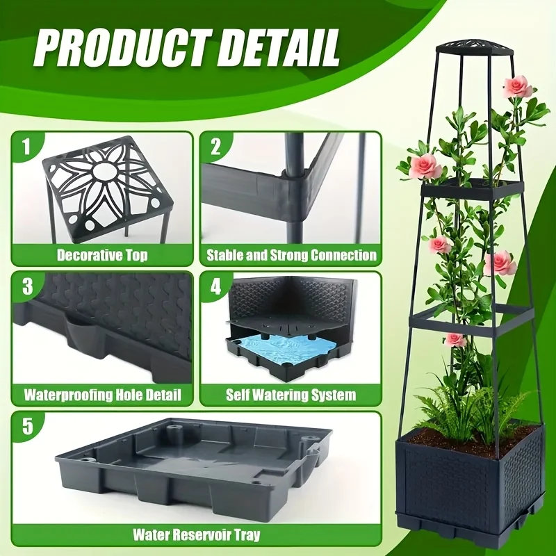 Tomato Cage Planter Box with Self Watering System and Grid Support 3