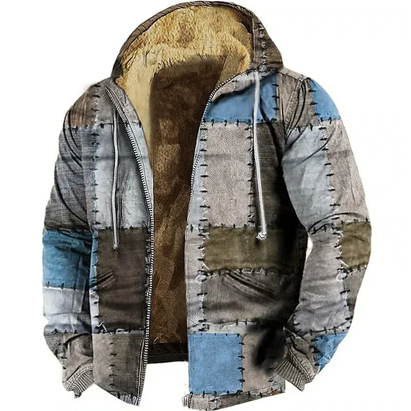 Men's Zipper Hoodies Fleece Parka Coat Sewing Patchwork Graphic Jacket Sweatshirts Outerwear Daily Hooded Zip-up Overcoat 2024