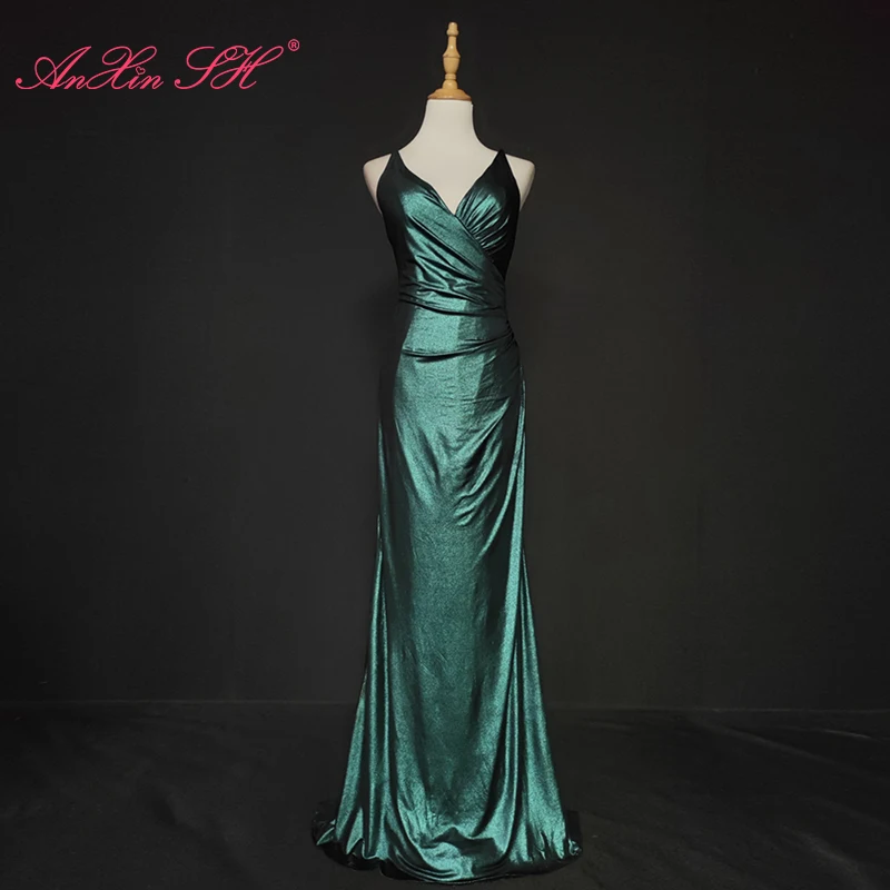 

AnXin SH Green laser spaghetti strap v neck suspender slender style hosting party performance zipper mermaid evening dress