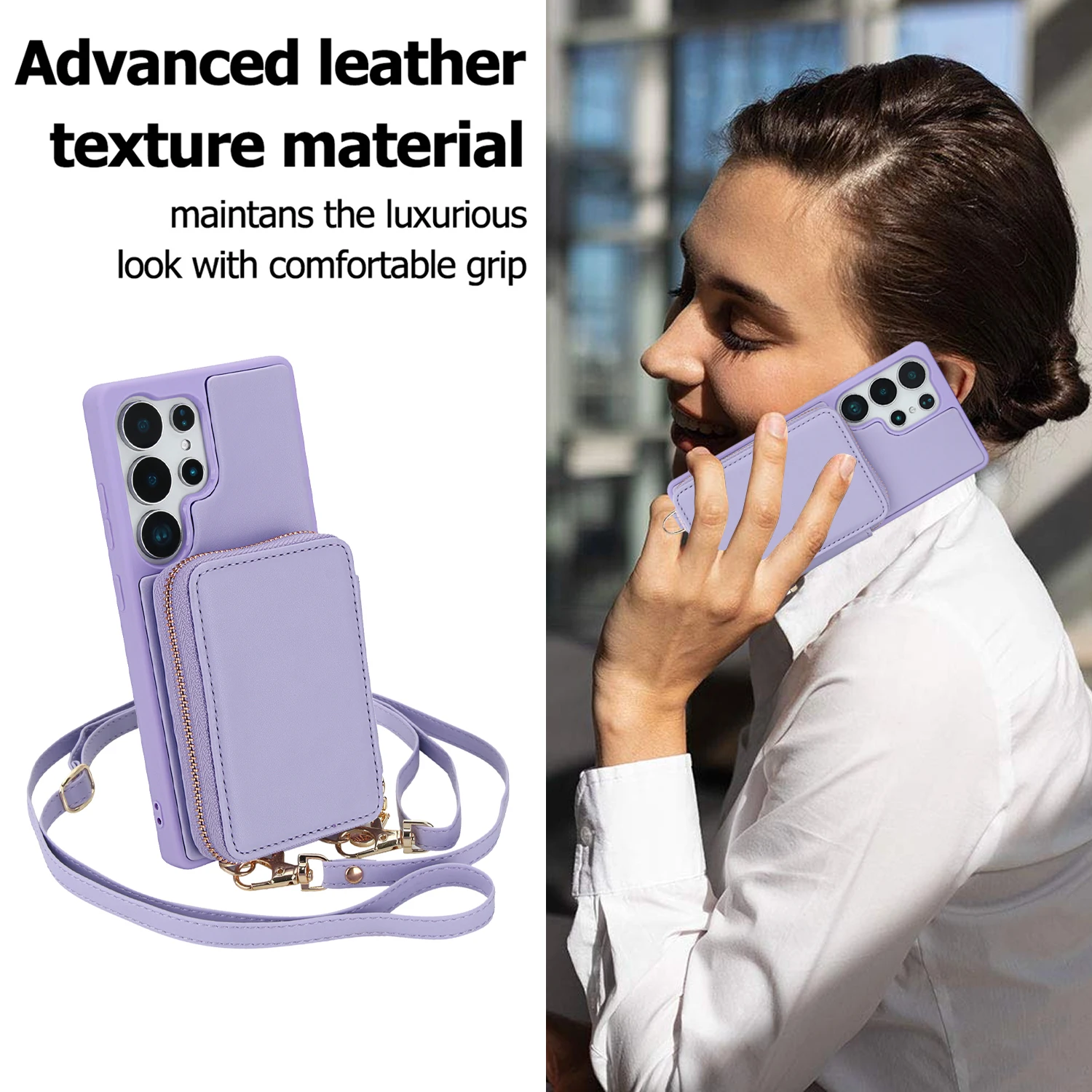 Crossbody Leather Wallet Phone Case with Zipper Cover