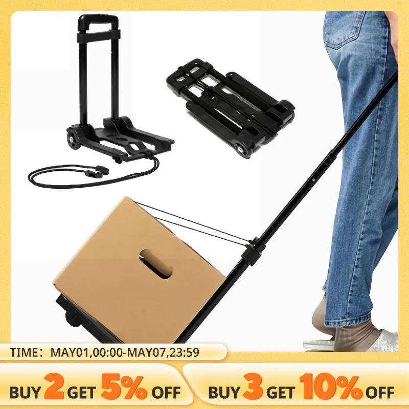 2 Rounds Folding Hand Truck Black Small Lightweight Cart Portable Telescopic Dolly Backpack Luggage Travel Moving Shopping