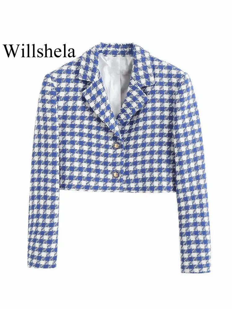 

Willshela Women Fashion Plaid Single Breasted Textured Cropped Blazer Vintage Notched Neck Long Sleeves Female Chic Lady Outfits