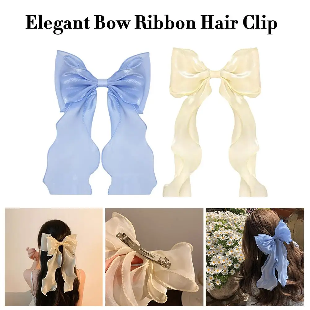 Elegant Gauze Bow Ribbon Hair Clip Fashion Simple Solid Clip Women Korean Hair Retro Spring Girls Accessories Headband U9N3