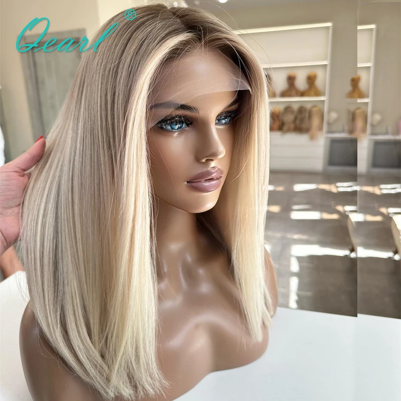 QEarl-Perucas de Cabelo Humano Loiro Curto Ombro para Mulheres, Perucas Frontais HD Lace Frontal, Ombre Light Colored, Peruca Glueless Bob Top, Venda, 13x4