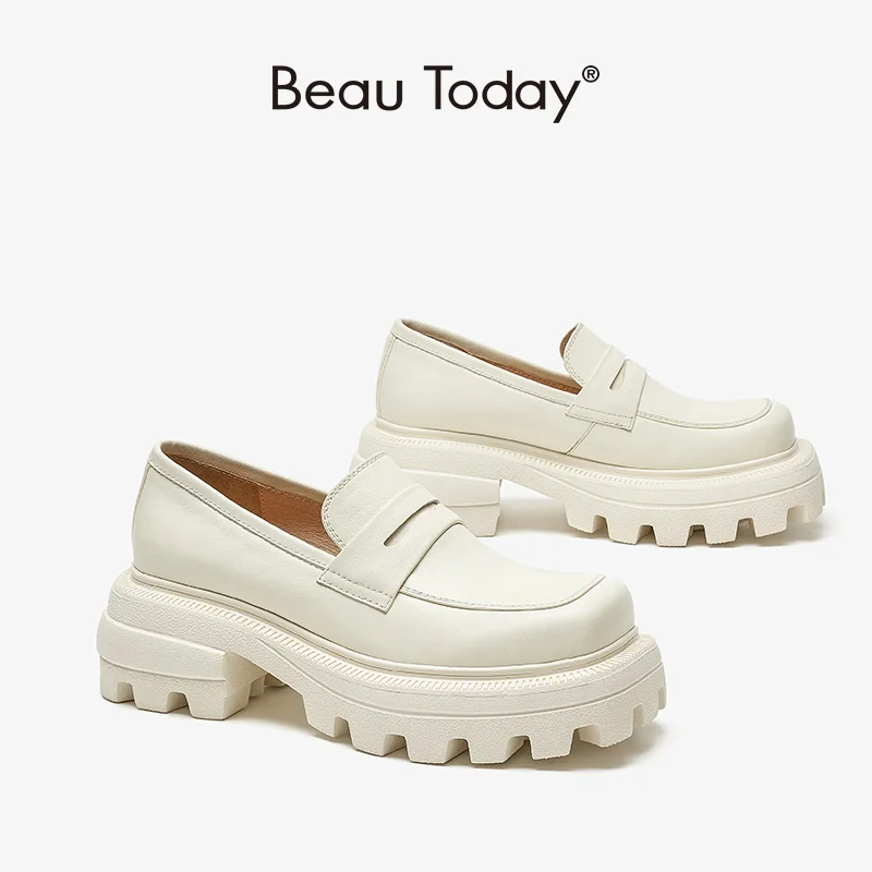 

BeauToday Chunky Loafers Women Cow Leather Penny Shoes Square Toe Jagged Platform Sole Ladies Slip On Flats Handmade 26520