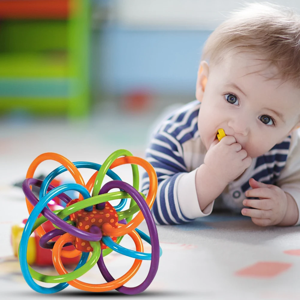 2 in 1 Montessori Toy BPA Free Grabbing Hand Ball Scratch Proof Soft Rubber Teething Toys Early Developmental Toys for Kids Baby teething toys