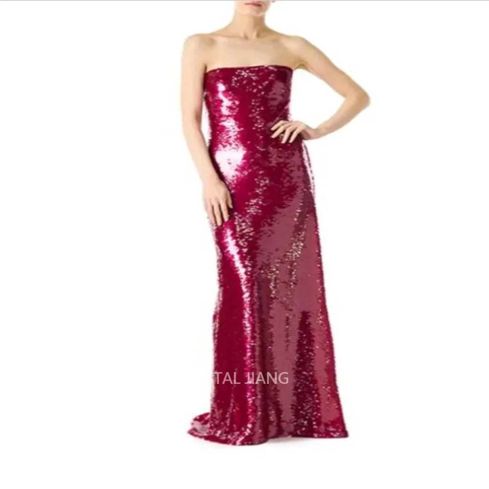 

Luxury Long Burgundy Strapless Sequins Sleeveless Backless Sheath Floor Length Robes De Soirée for Women