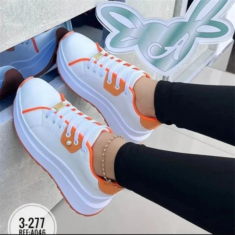 Mixed Colors Lace Up Sneakers New 2023 PU Leather Woman Shoes Casual Fashion Contracted Jogging Shoe Zapatillas Mujer
