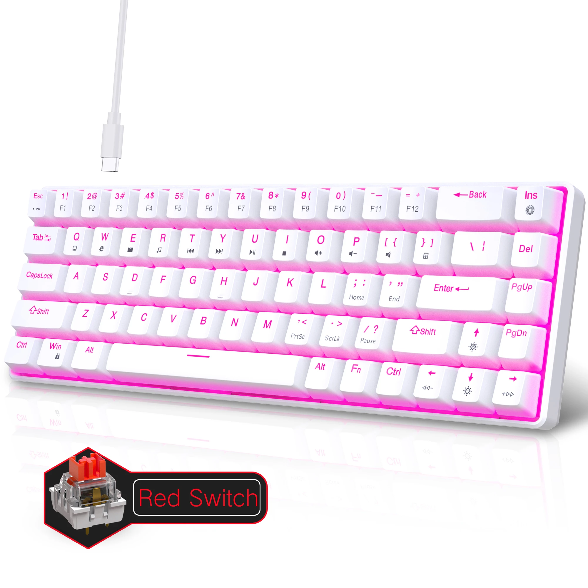 Mechanisch Toetsenbord met 68 Toetsen RGB-licht Dubbelkleurig Gamingtoetsenbord met Ijsblauwe Achtergrondverlichting, Ergonomisch Ontwerp en Afneembare Kabel, Compatibel met
