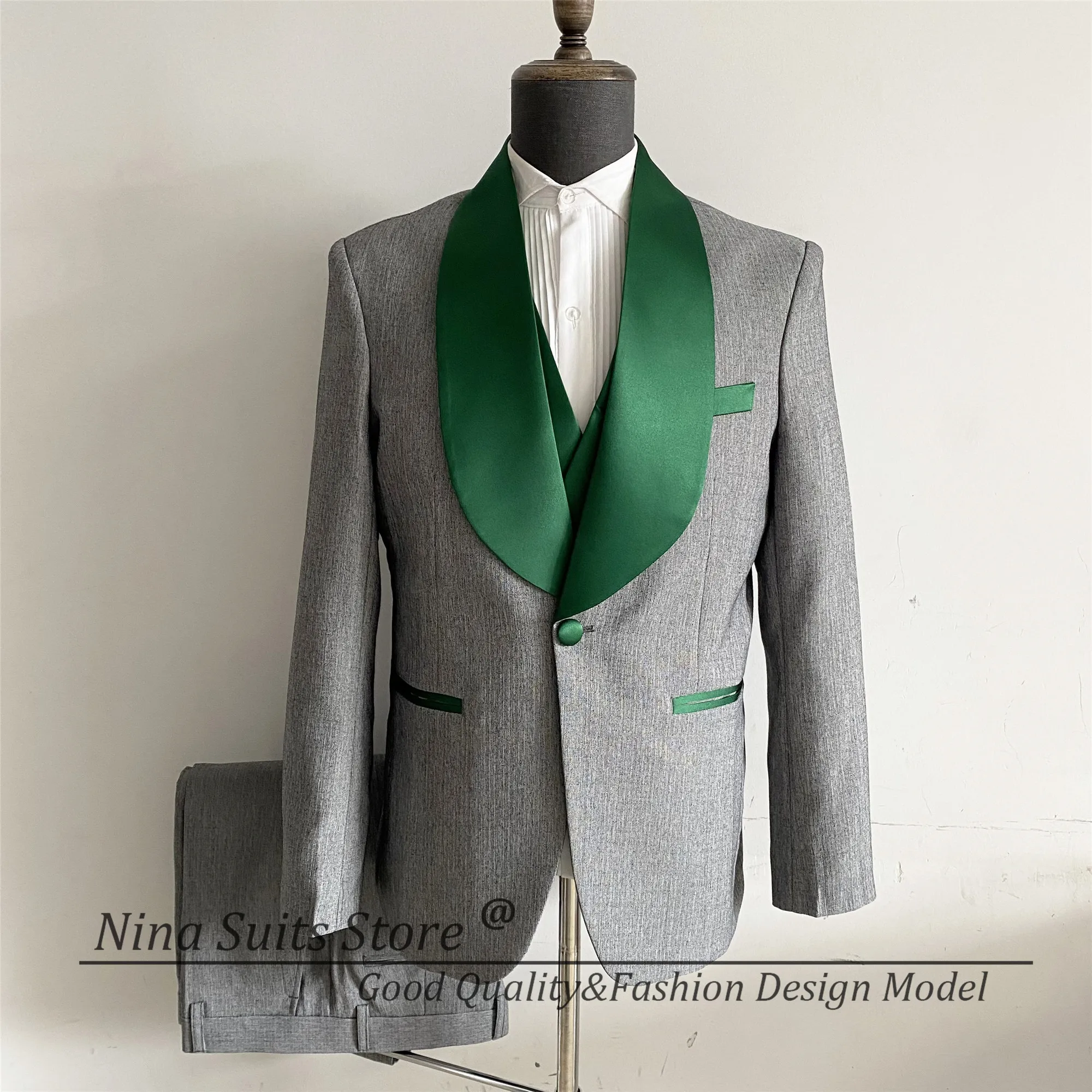 G&N Thick Wedding Groom Suits Grey Green Lapel Blazer Vest Pants New Business Man Party Prom Suits Host Singer Show Tuxedos