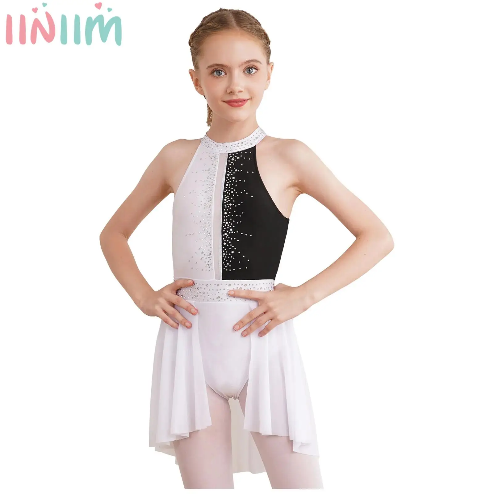 

Kids Rhinestone Lyrical Dance Leotards Dress Halter Ballet Dancing Costume for Girls Gymnastics Skating Contemporary Dancewear