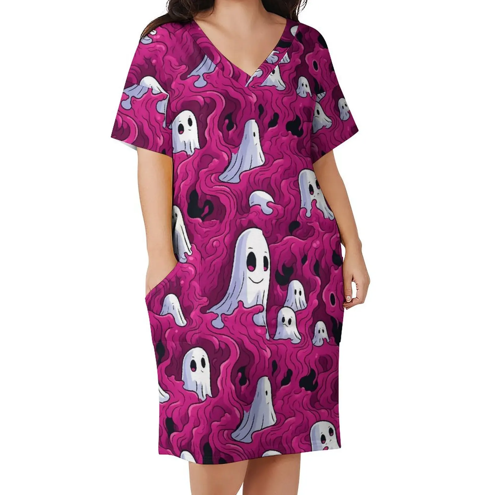 

Pink Ghost Casual Dress Summer Lovely Ghosts Print Cute Dresses Women V Neck Design Aesthetic Dress Big Size