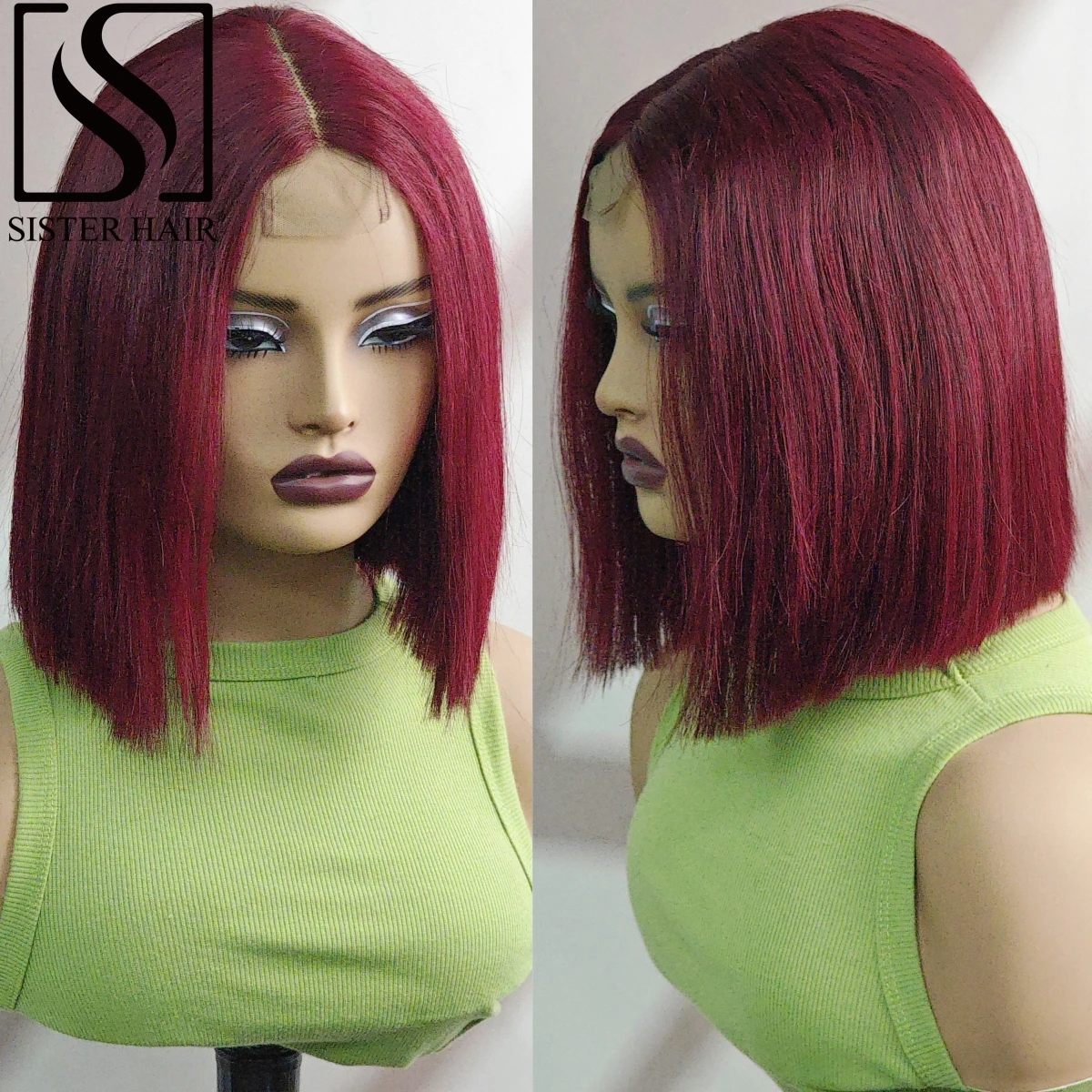 

180% Density Straight Bob Wig 99J Burgundy Human Hair Wig 2x6 Lace Short Straight Colored Bob Wig PrePlucked Brazilian Hair Wig