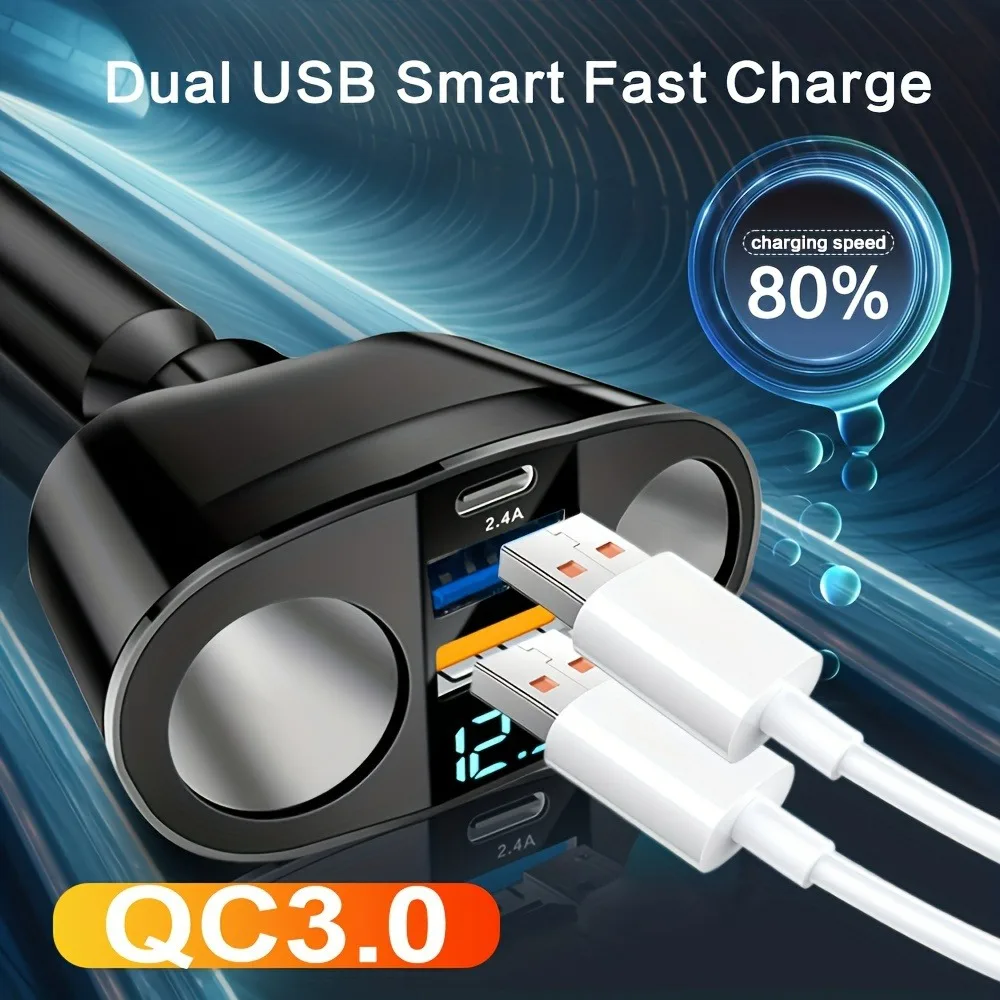 Car Charger USB PD Multiple Ports with Digital Display Charge Adapter for iPhone Xiaomi Huawei Samsung