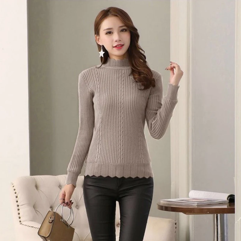 

Hot Sale 2023 New Fall Winter Solid Stripe Half Turtleneck Sweater Pullover Women Velvet Warm Knitted Jumper Female Basic Tops