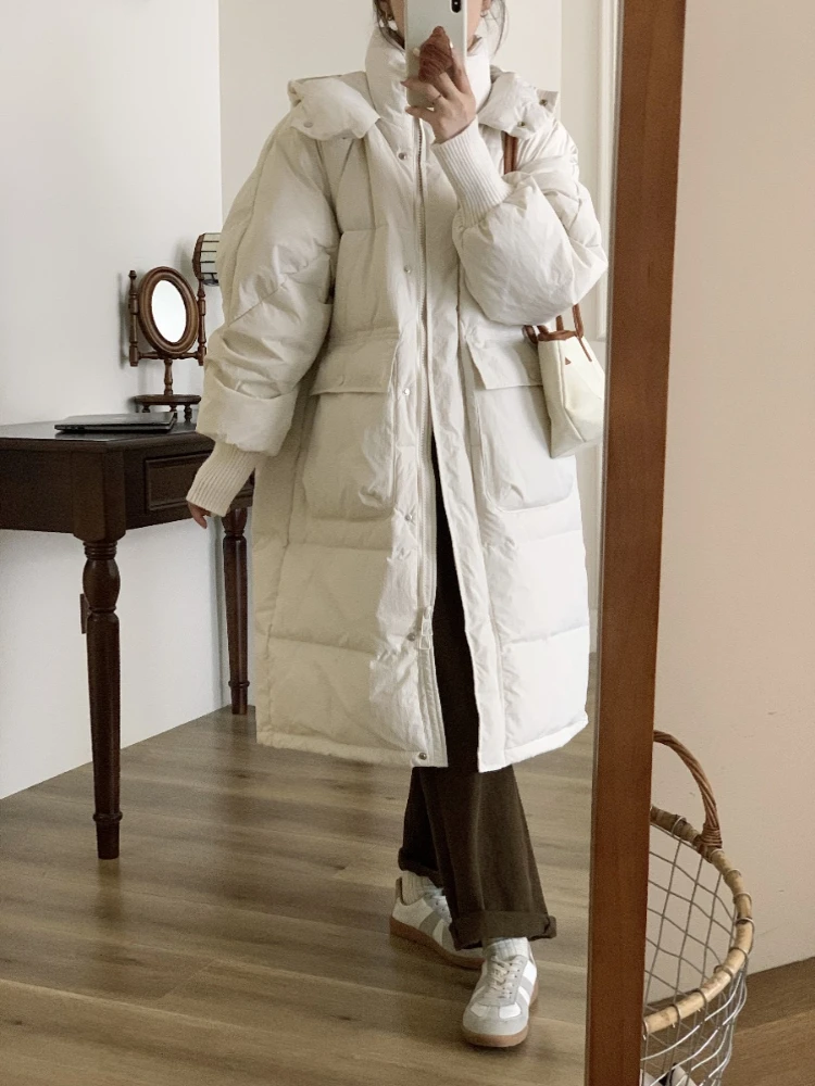 

FTLZZ Winter Women White Duck Down Coat Casual Hooded Stand Collar Knitted Sleeves Outwear Female Loose Thick Warm Midi Coat
