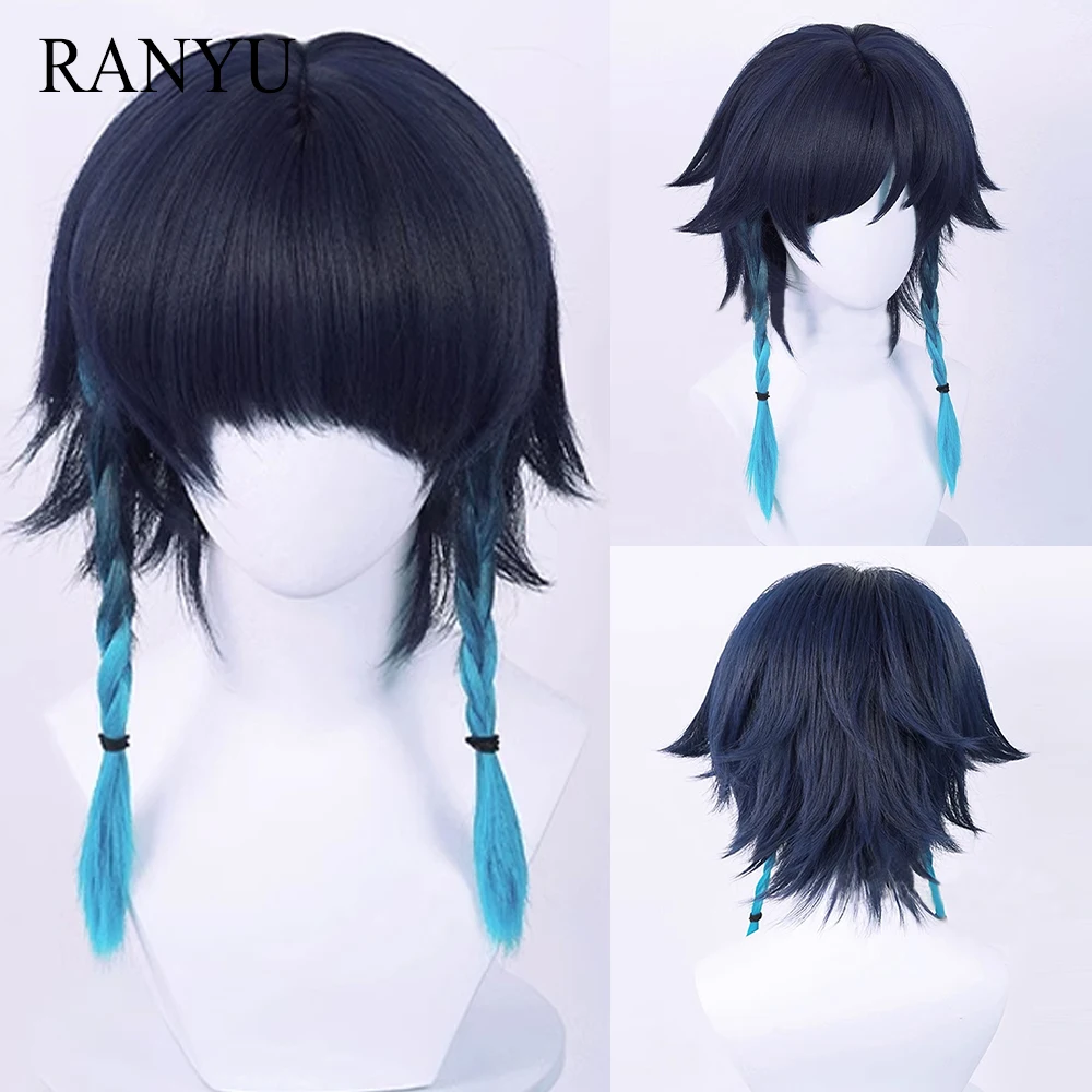 RANYU Genshin Impact Barbatos Venti Wigs Synthetic Long Straight Blue Gradient Game Cosplay Heat Resistant Hair Wig for Party