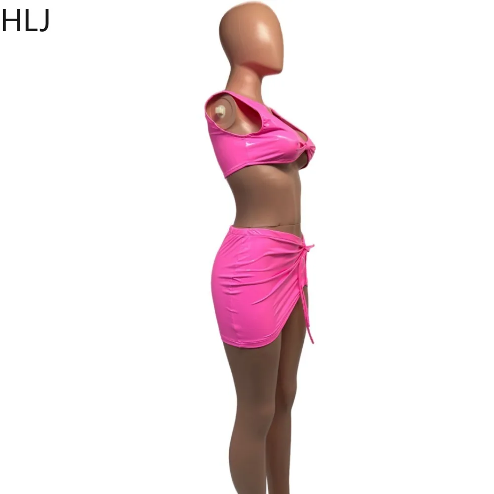 HLJ Pink Sexy PU Leather Drawstring Mini Skirts Two Piece Sets Women Deep V Sleeveless Crop Top And Skirt Nightclub 2pcs Outfits