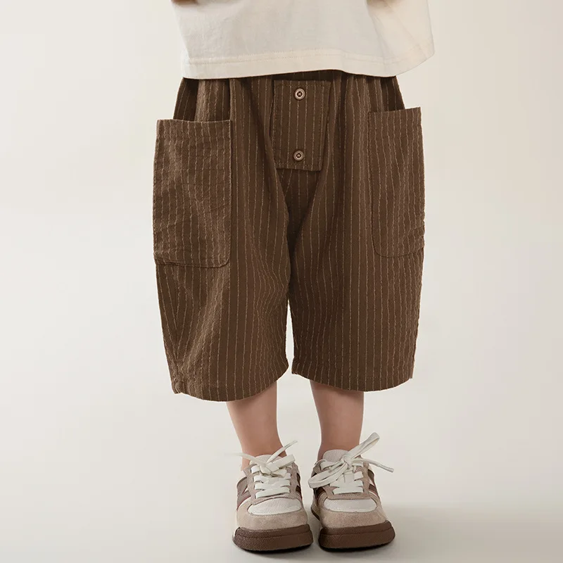 

Summer Boys Vertical stripes Cropped pants fashion Kids big pockets loose casual shorts 2-7Y
