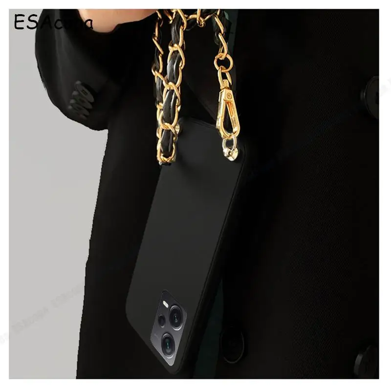 Elegant Crossbody Leather Chain Lanyard Case with Matte Silicone Back