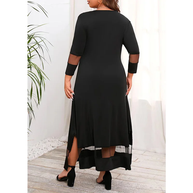 Black All-match Round Neck Net Yarn Patchwork Wrist Sleeve Loose A-line Skirt Elegant Plus Size Female Clothing Split Long Dress
