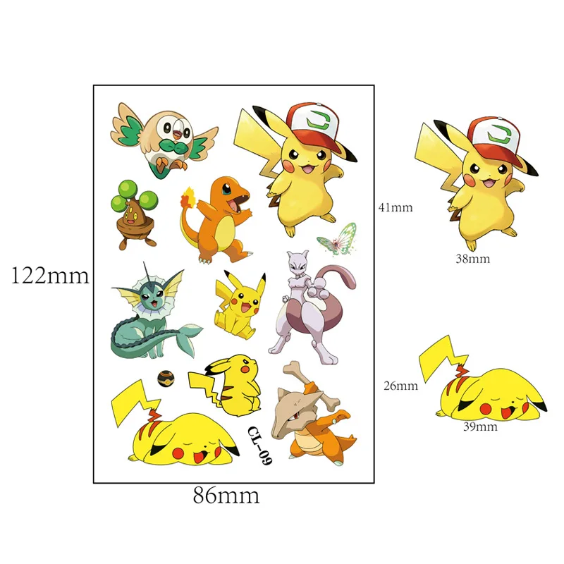 1Pcs Pokemon Tattoo Stickers Pikachu Action Cartoon kids Temporary Tattoos Kids Girls Funny Birthday Gift