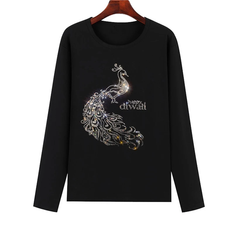 

Long-sleeved women's T-shirt shiny diamond peacock hot diamond T-shirt suitable for spring, autumn and winter