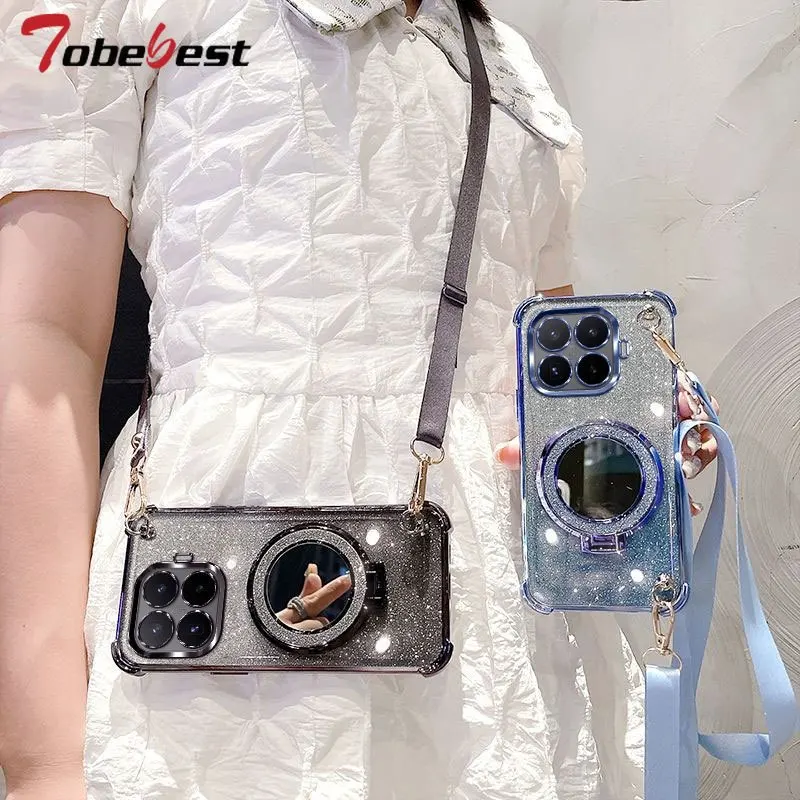 Shockproof Plating Crossbody Lanyard Case with Makeup Mirror Holder