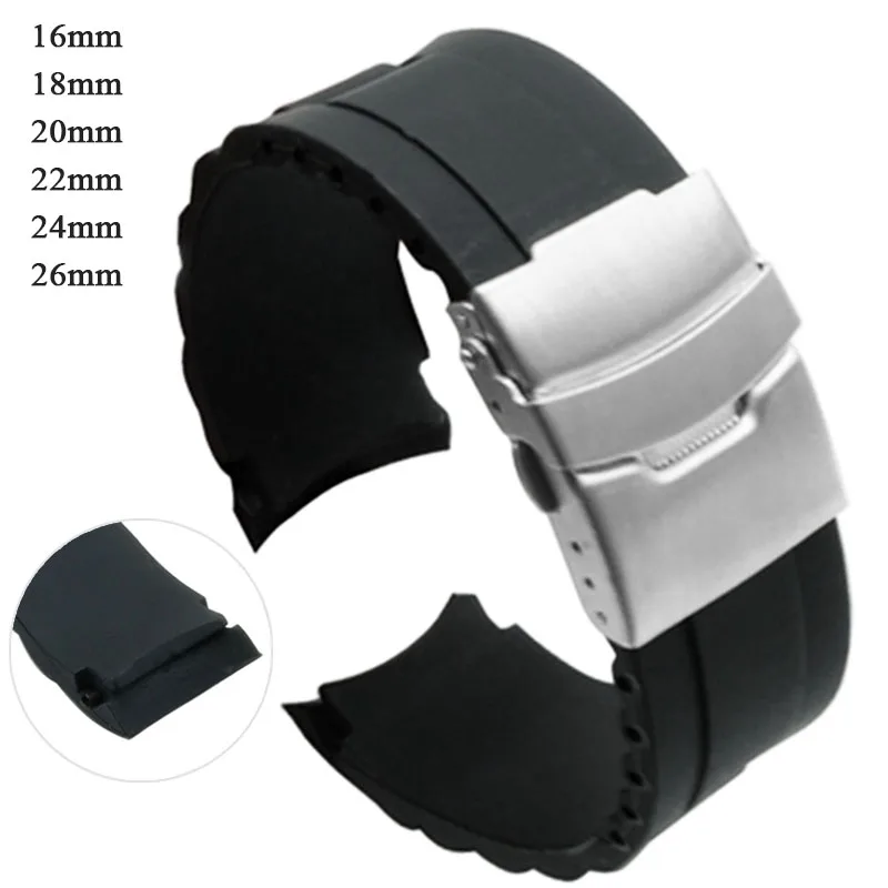 Versatile Silicone Waterproof Watch Strap with Folding Buckle and Curved Ends