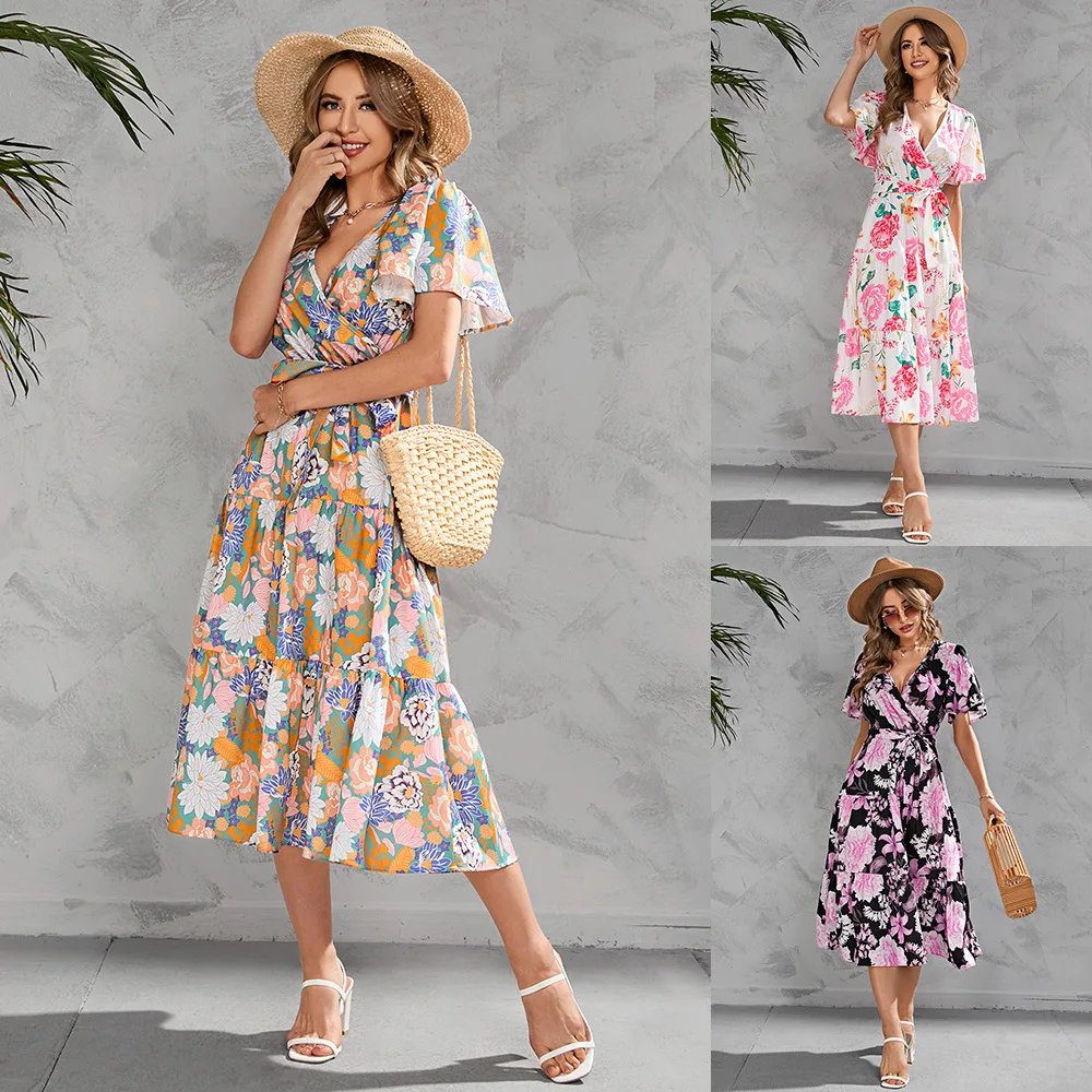 

Pregnant Women's Summer Printed V-neck Waistband Mid-length Short-sleeved Dress Nursing Dresses Breastfeeding Maternity Dresses