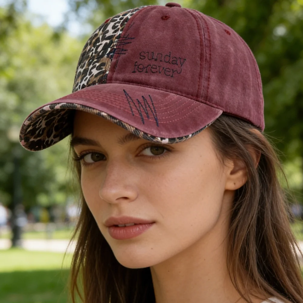 Neue Y2K-Baseballkappe, modische Leoparden-Patch-Mütze aus gewaschener Baumwolle für Damen, lässiger Boho-Streetwear-Stil, trendige Damenmützen. – Detail 12