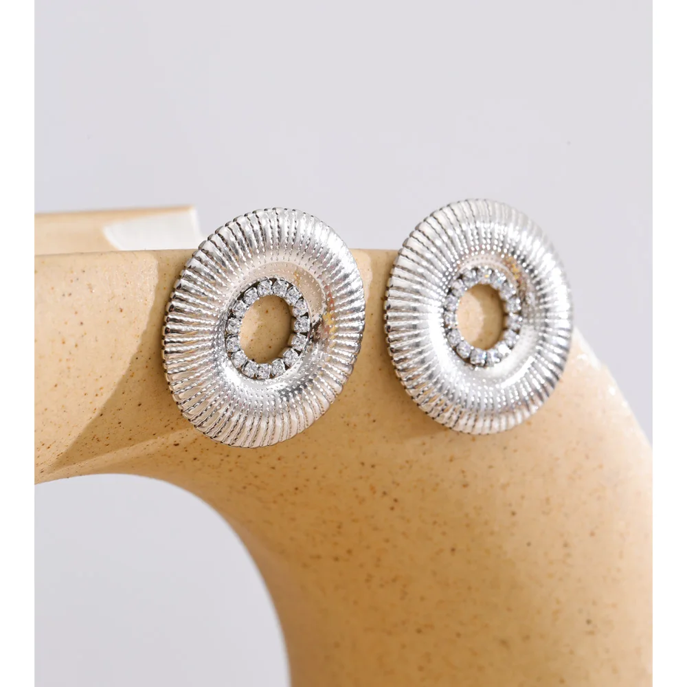Yhpup 25mm Round Stud Earrings Stainless Steel Zirconia