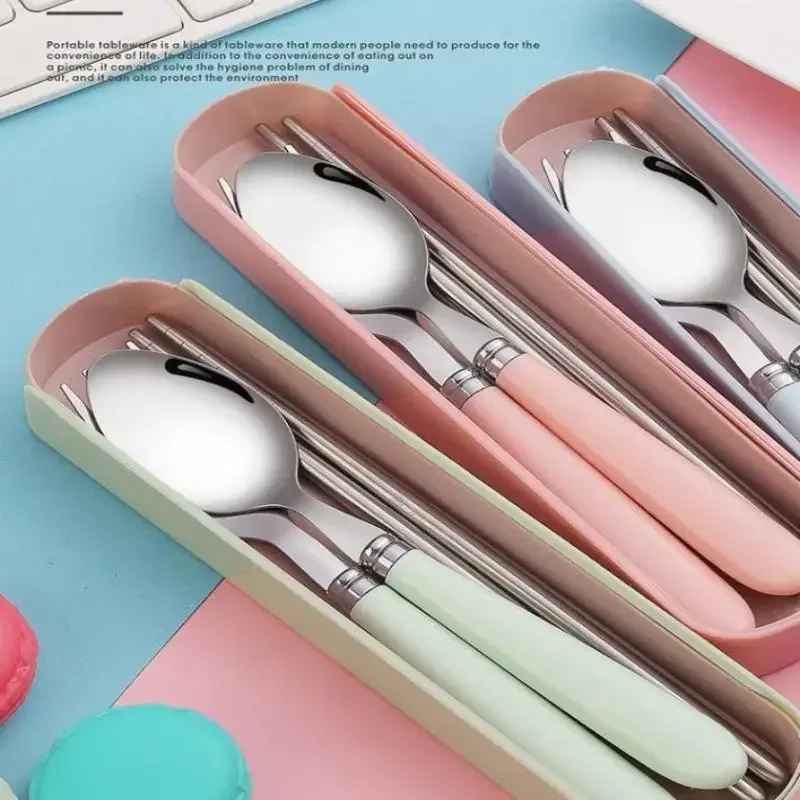 Vaisselle Portable en acier inoxydable pour étudiants, boîte à déjeuner de voyage en plein air, cuillère fourchette baguettes ensemble avec mallette de rangement cadeau pour adulte