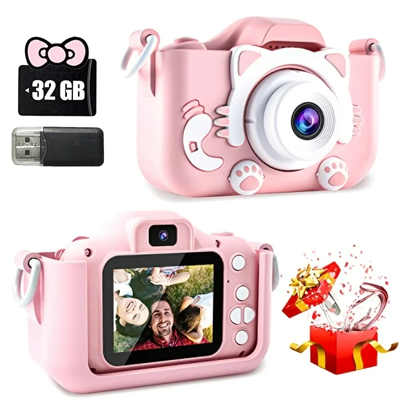 Mini câmera digital com vídeo para crianças, Câmera brinquedos para meninos e meninas, 32GB SD Card, Melhores presentes de aniversário para crianças